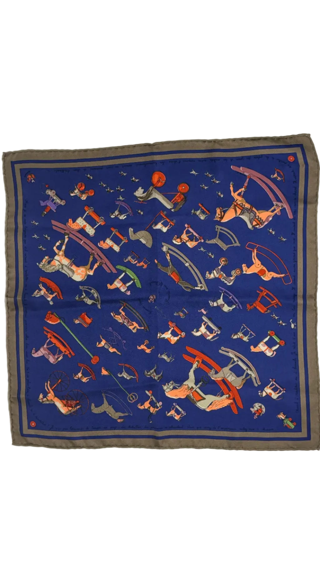 Foulard Hermès Carré 45 en soie Rocking Horse marine et gris
