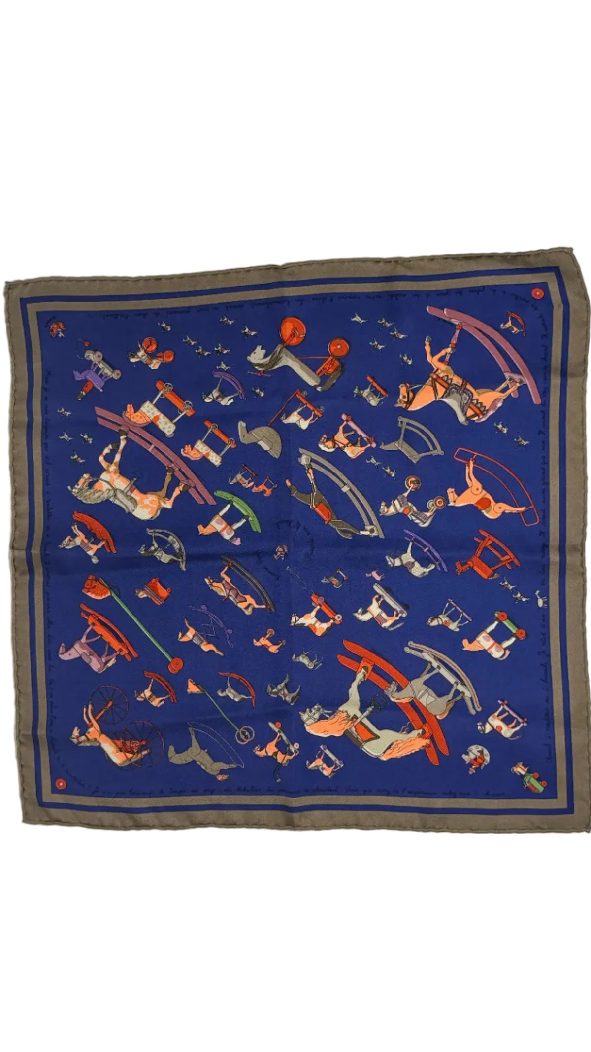 Hermès Carré 45 silk scarf, Rocking Horse, navy and gray