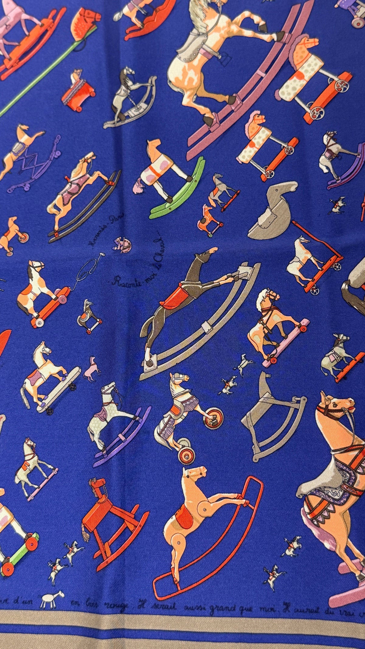 Hermès Carré 45 silk scarf, Rocking Horse, navy and gray