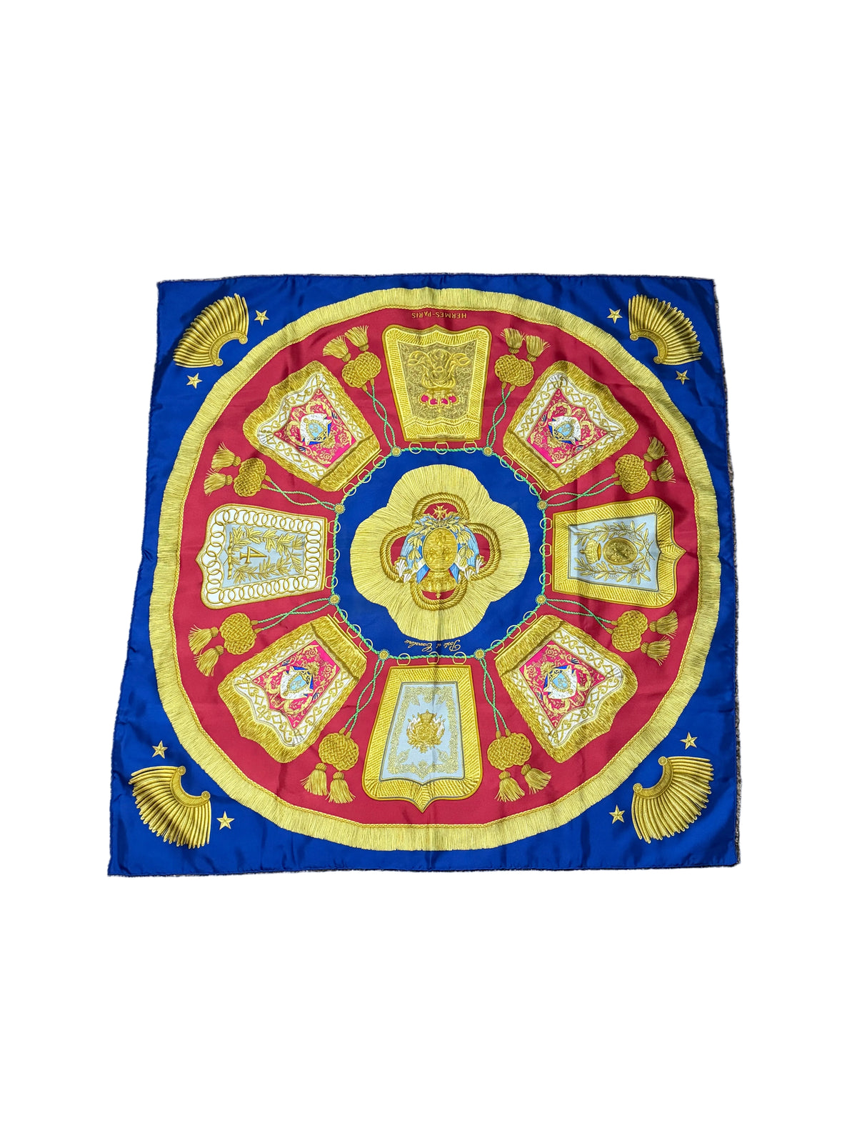 Blue, red and yellow Hermès silk scarf