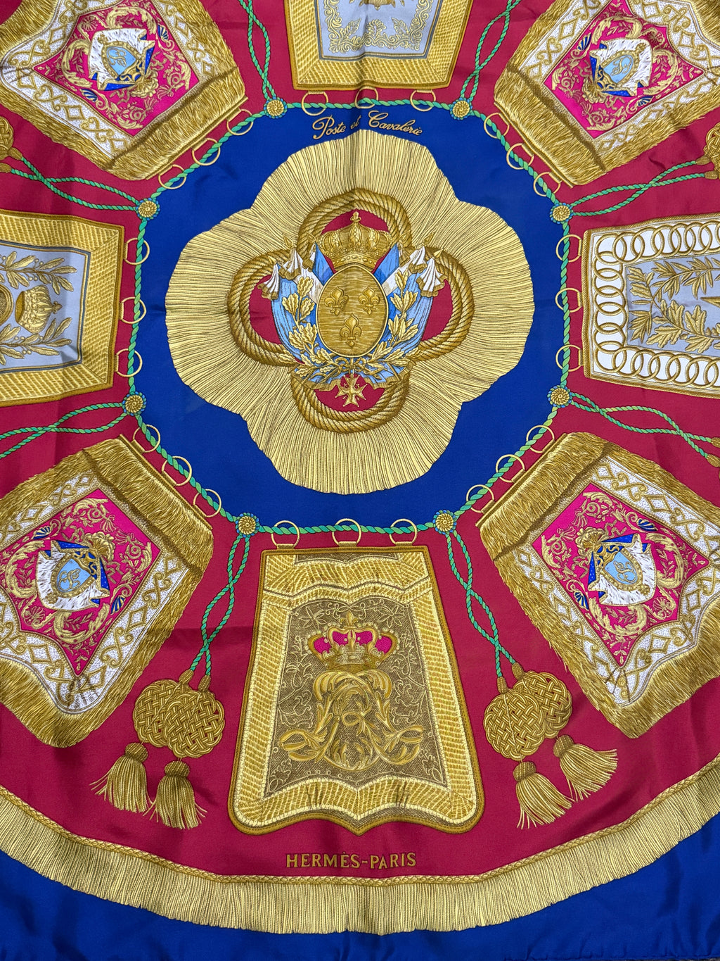 Blue, red and yellow Hermès silk scarf