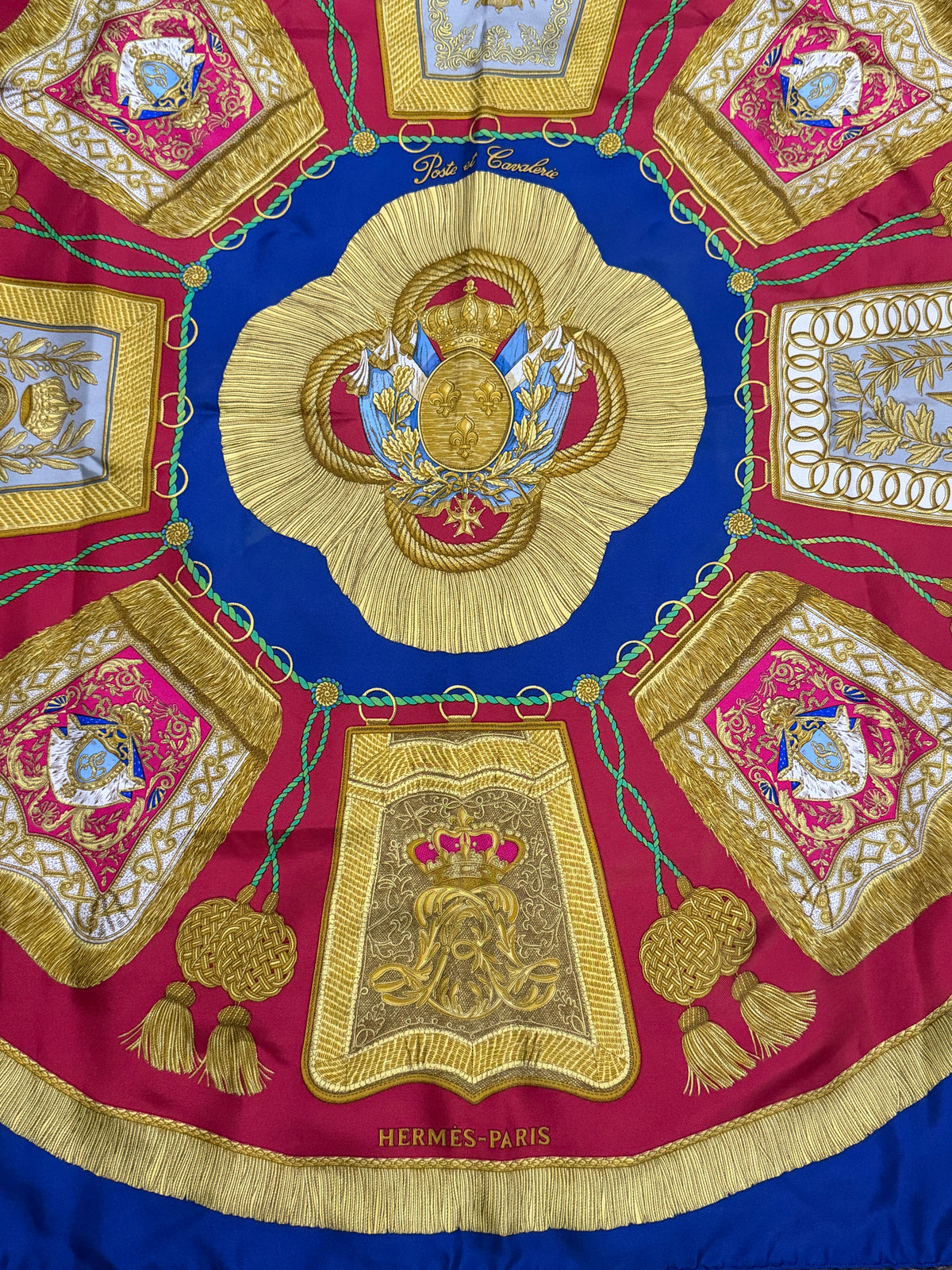 Blue, red and yellow Hermès silk scarf