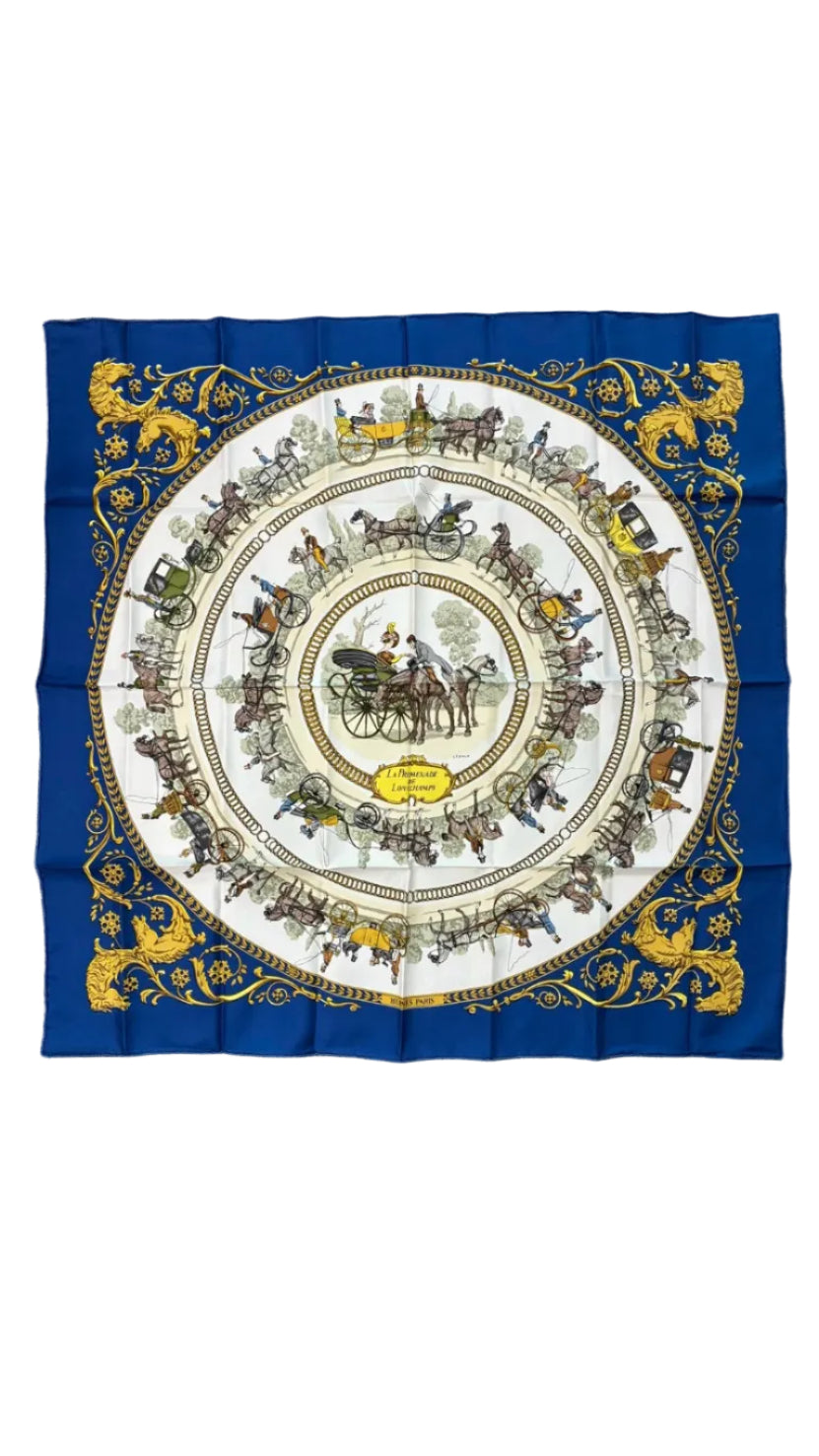 Foulard Hermès Carré 90 en soie blanc et bleu