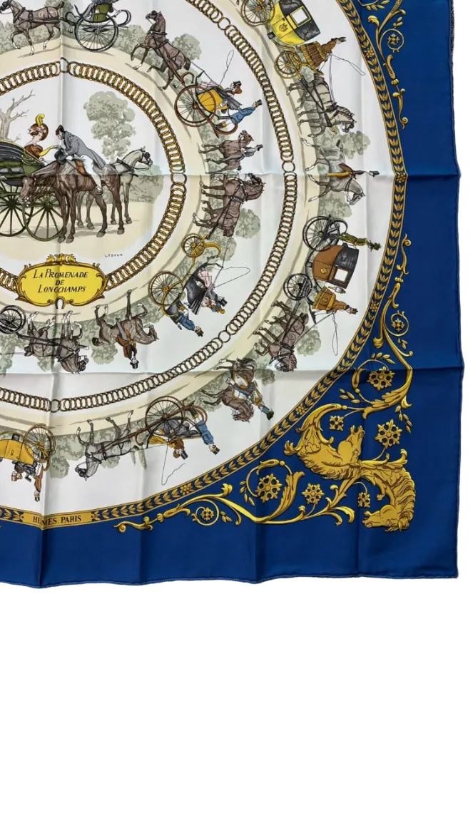 Foulard Hermès Carré 90 en soie blanc et bleu